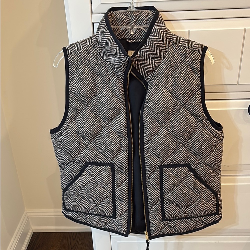 JCrew Herringbone Puffer Vest with Black Trim